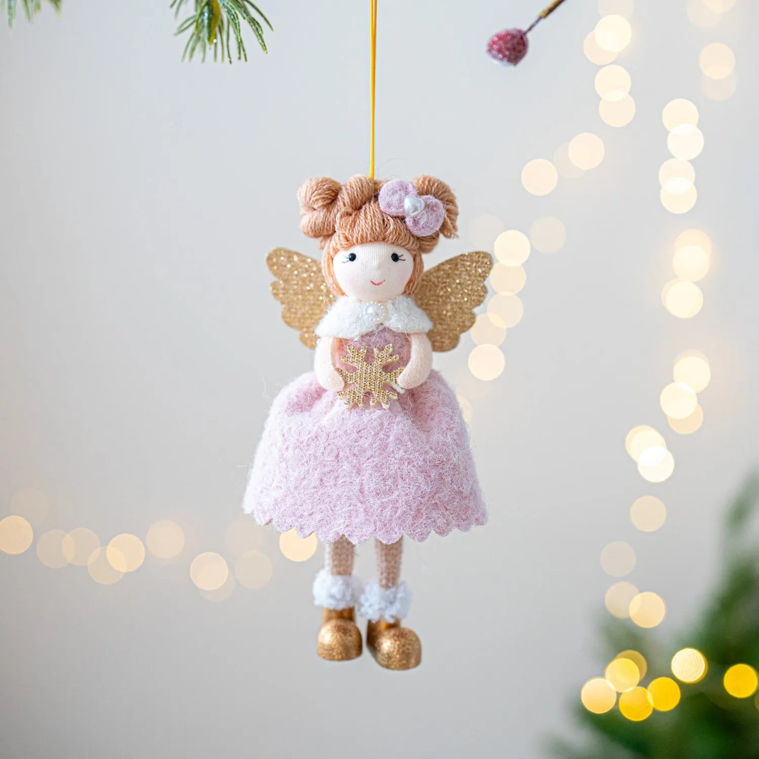 Pink and white cloth Christmas angel wings plush pendant with modern design and hanging cord
