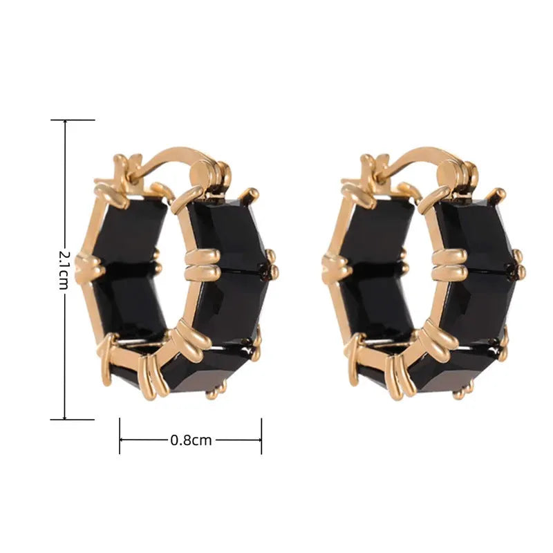 Geometric U-shaped zircon ear rings in gold setting with black, pink or white stone options