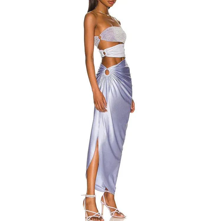 Purple women's swimsuit and wrap skirt set made from quick-drying polyester fabric