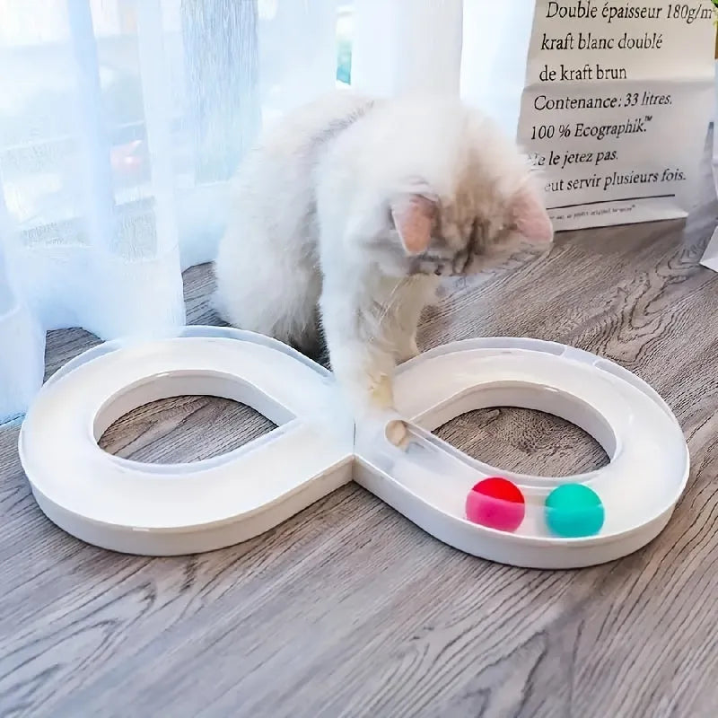 Blue and white cat turntable track toy with self-rotating ball and teasing stick