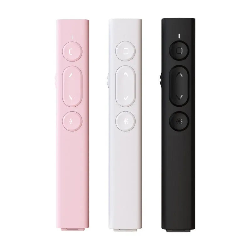 Wireless presentation remote control pen for PowerPoint in black, white, and pink colour options.