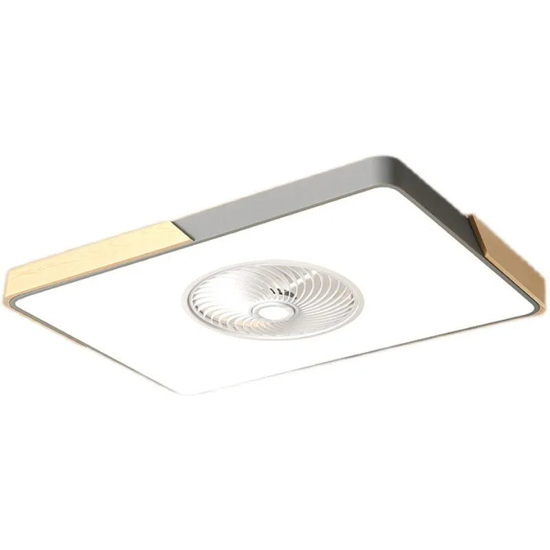 Nordic style wooden ceiling fan with integrated light fixture and PVC lampshade.
