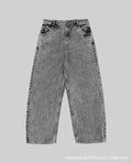 Grey loose fit straight-leg denim trousers for men and women on a mid waist