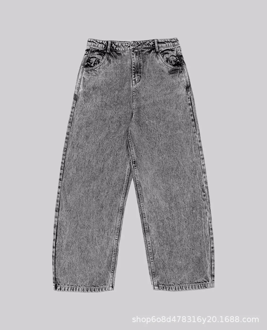 Grey loose fit straight-leg denim trousers for men and women on a mid waist