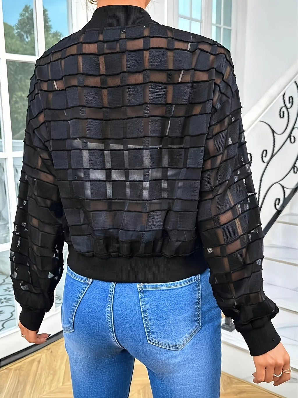 Women's black semi-transparent casual jacket with geometric pattern and zip front