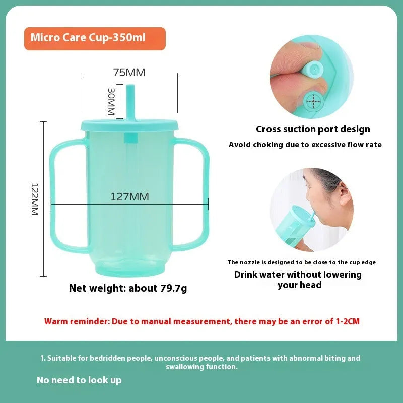 Oblique mouth choke-proof drinking cup for adults with handle and lid, shown with optional wrist splint.