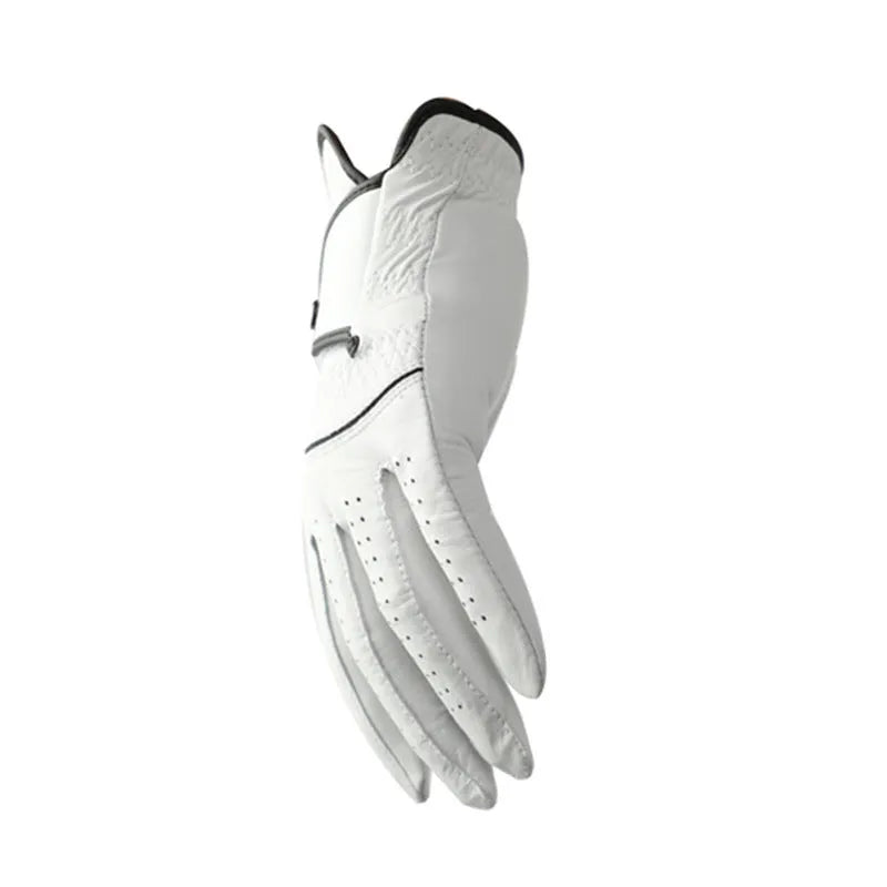 A white men's golf glove made from half sheepskin leather, showing a non-slip palm.