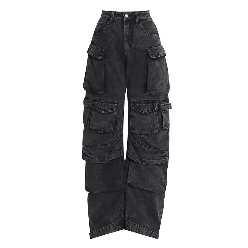 Women's high waist wide leg tie-dyed jeans with multiple pockets in street hipster style