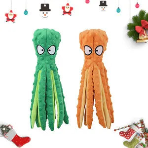 Blue octopus-shaped dog chew toy with crinkle sounds, unfilled construction, bite-resistant mesh material