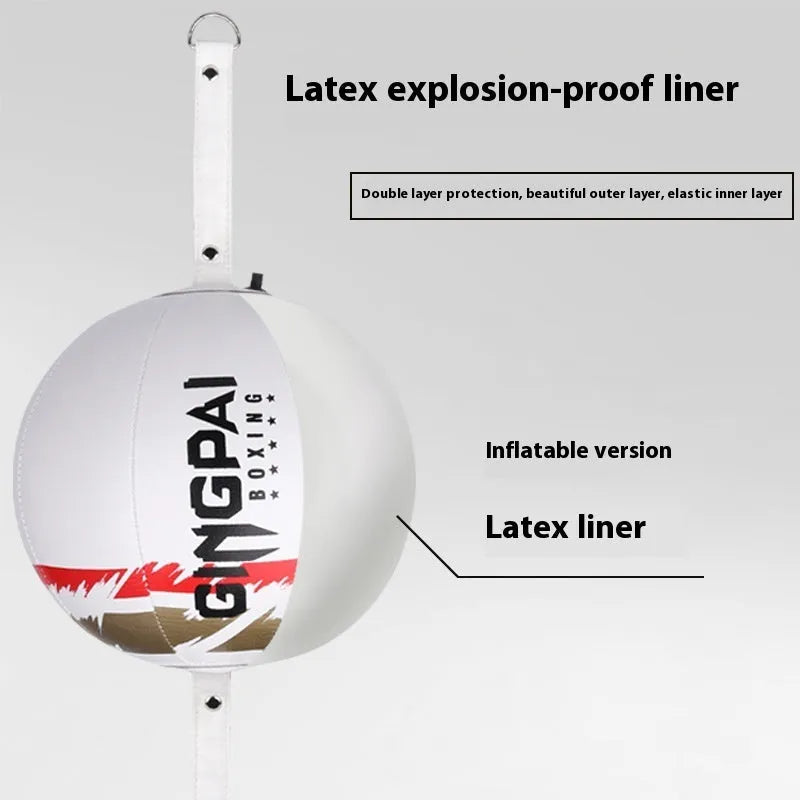A hanging boxing speed ball made of PU leather for reaction and dodge training drills.