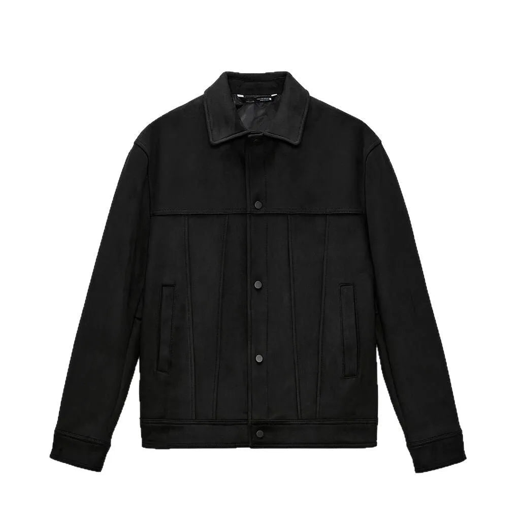 Black men's hooded casual jacket with a textured suede collar and side pockets.