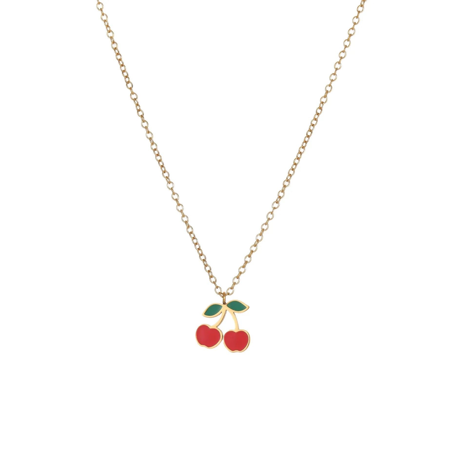 Cherry-shaped stainless steel jewellery set with necklace, bracelet, earrings, and ring 18K gold-plated