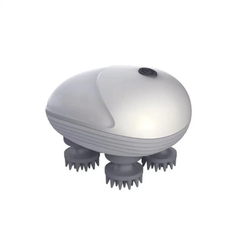Blue handheld electric pet massager with four rotating heads on a white background