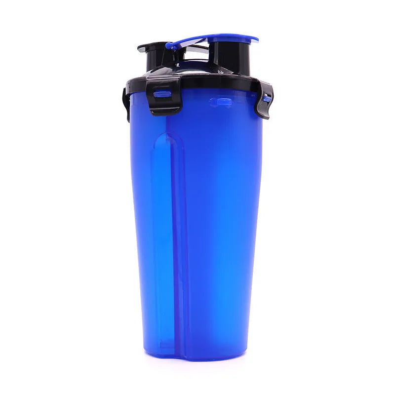 Portable pet water and food cup with two compartments showing water and food storage sections