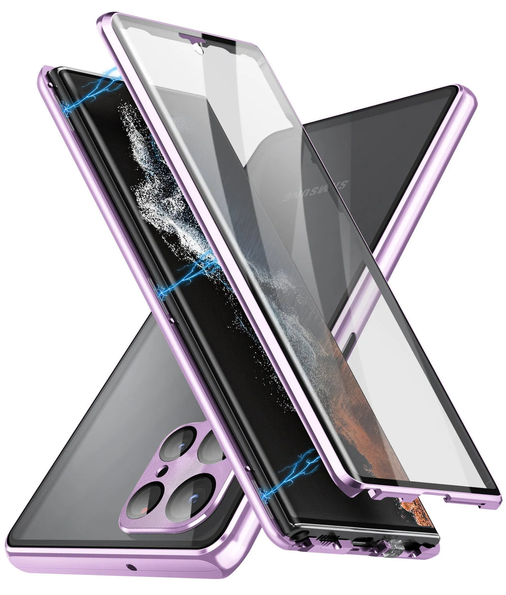 Metallic magnetic mirror phone case for Samsung S24 Ultra in various colours showing privacy screen.