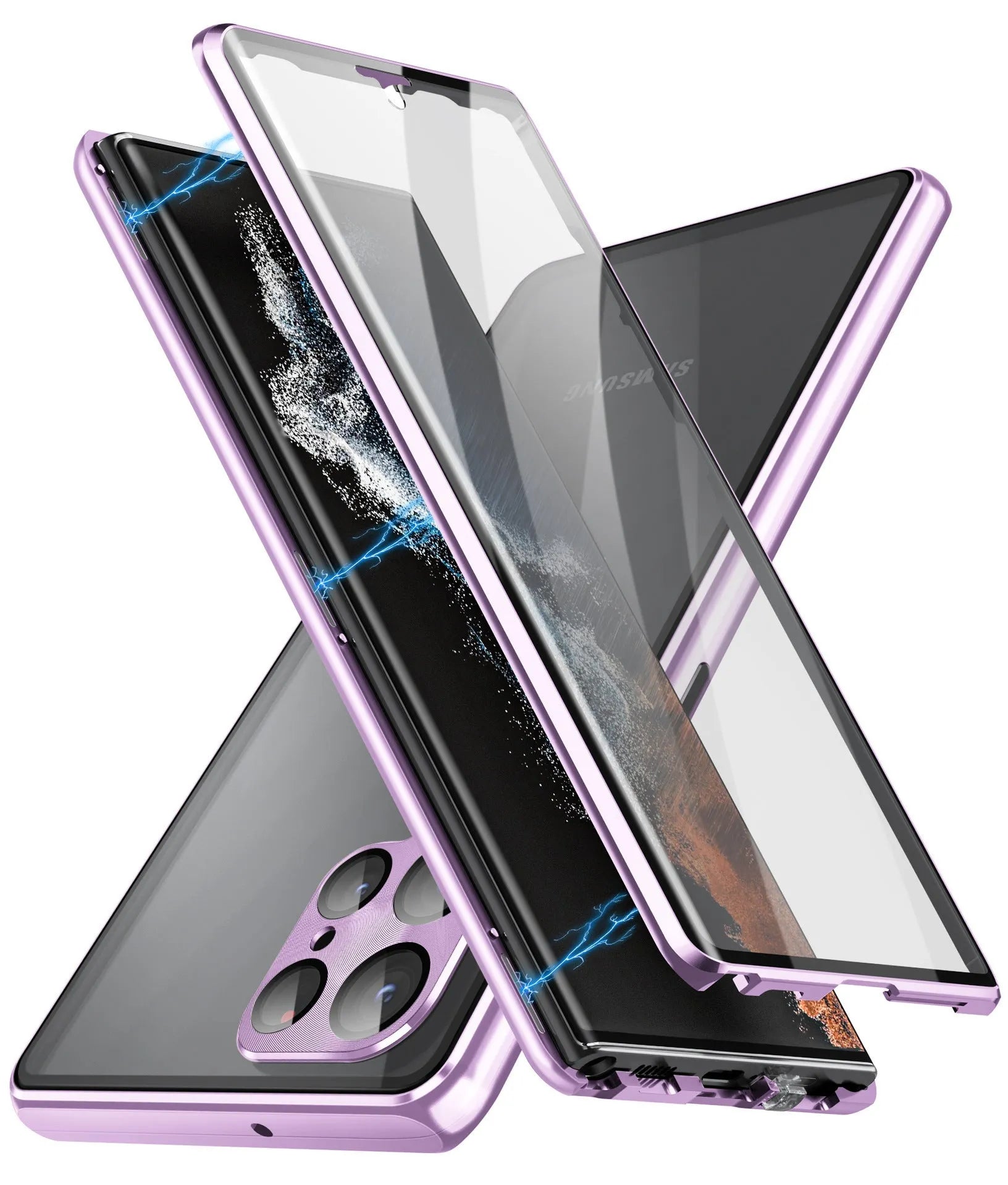 Metallic magnetic mirror phone case for Samsung S24 Ultra in various colours showing privacy screen.