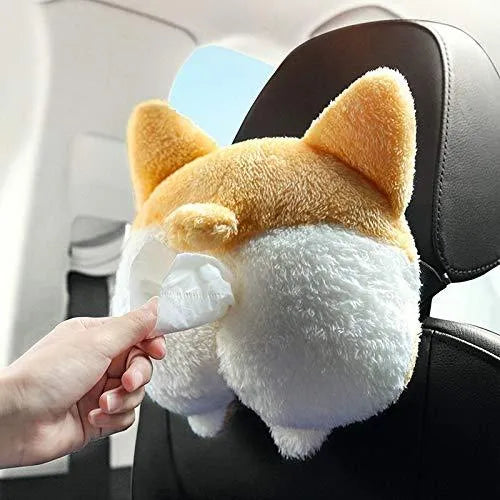 Yellow soft corgi butt shaped tissue box cover with elastic strap for car sun visor.