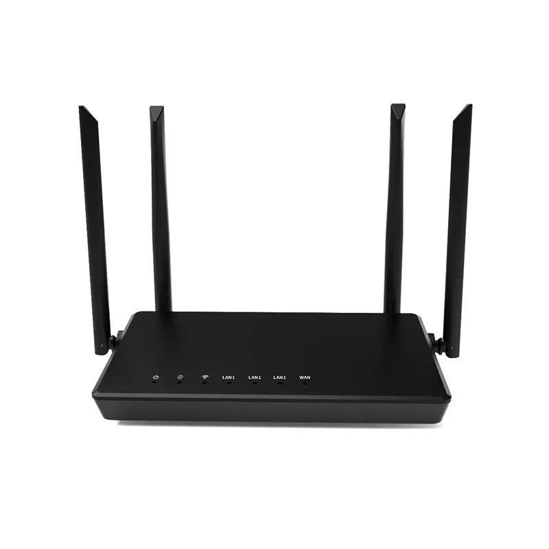 Portable 300-metre home wifi router in black or white with bare metal casing and multiple ports.