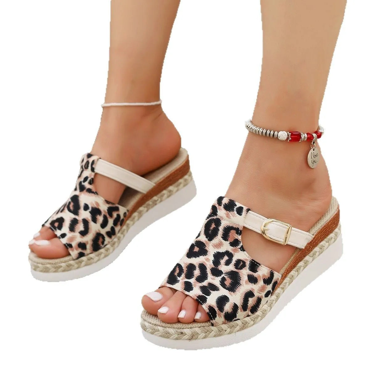 Women's leopard print wedge platform sandals with fish mouth open toe on a rubber sole, shown in beige.
