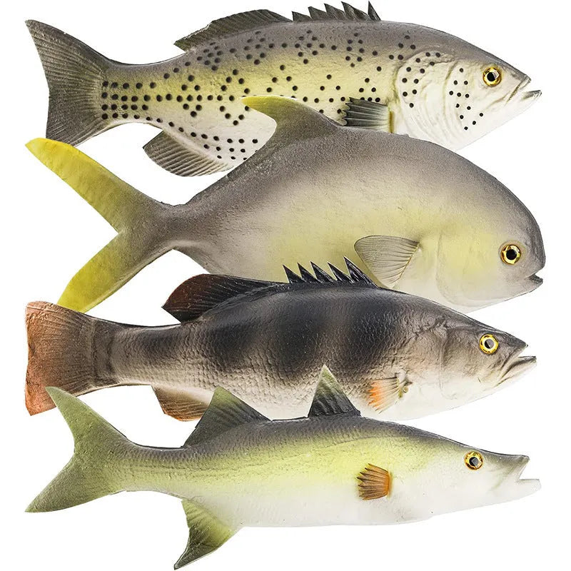 Three PU simulated fish ornaments: yellow-fin tuna, yellow croaker and flower fish models