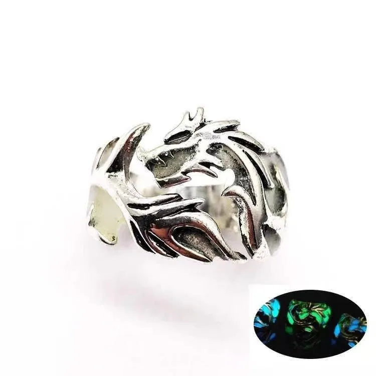 Chinese dragon pattern adjustable ring with archaism silver blue green electroplated metal