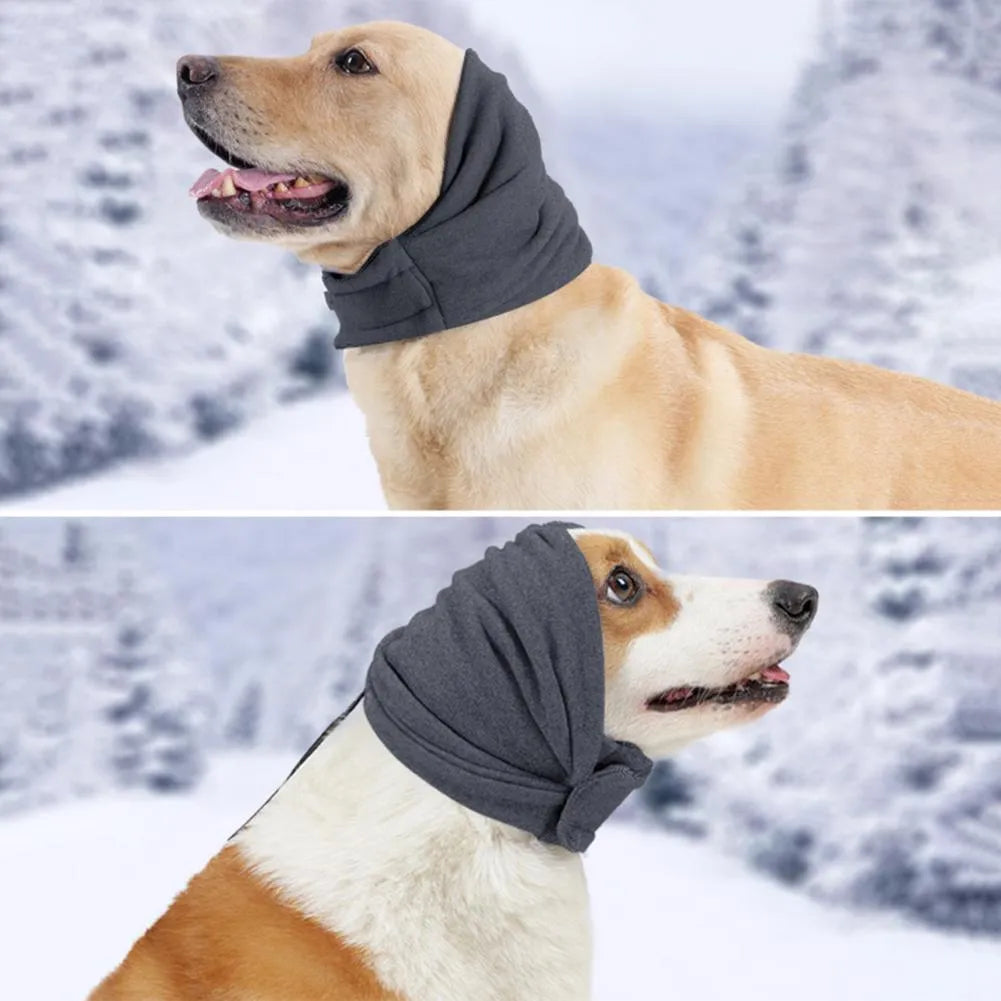 A black dog wearing a purple polyester calming hoodie that covers its head and ears.