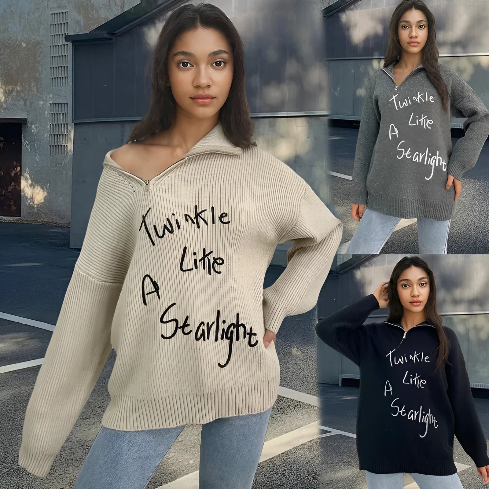 Women's light khaki alpaca fleece sweater with a turtleneck collar and diagonal front zip.