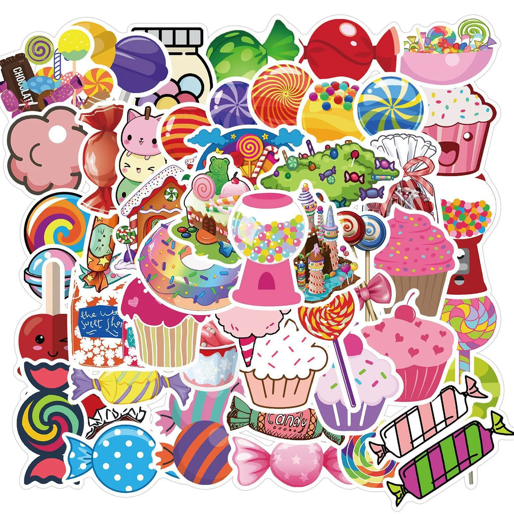 Colourful candy graffiti stickers pack showing 50 cartoon adhesive designs measuring 4-6 cm