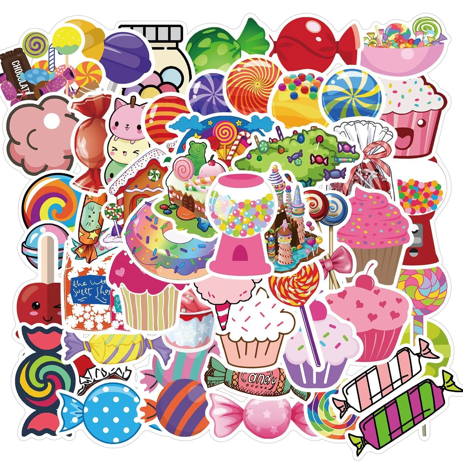 Colourful candy graffiti stickers pack showing 50 cartoon adhesive designs measuring 4-6 cm