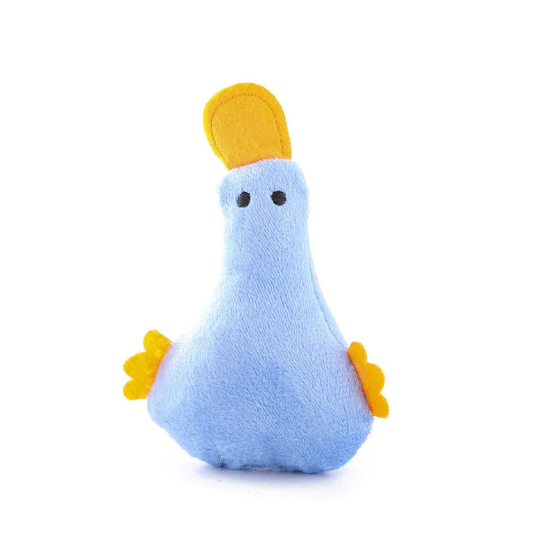 Duck plush pet toy with catnip filling in blue, pink, yellow, or black colour options