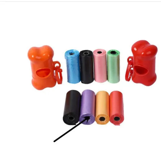 Set of five coloured dog waste poop bags showing black, blue, red, green, pink, and purple options.