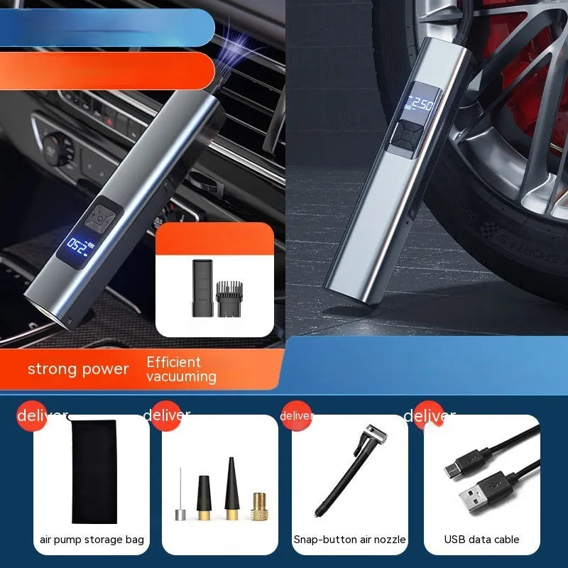 Wireless digital display car air pump and vacuum cleaner unit with accessories on a grey background