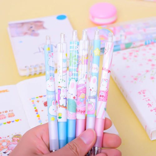 Six black ballpoint pens with cartoon bunny design and 0.5mm tips in packaging