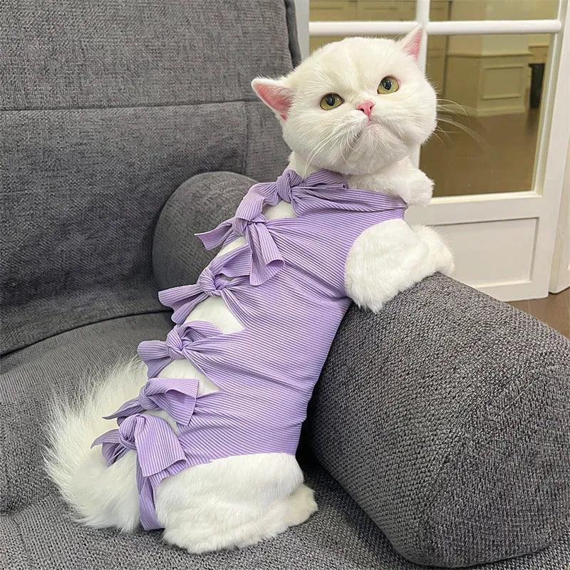 Lace-up polyester cat sterilisation recovery suit in assorted colours on a size chart