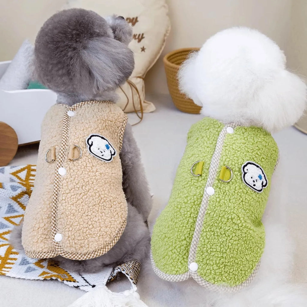 Green dog sweatshirt vest with coral fleece lining and leash ring for small pets