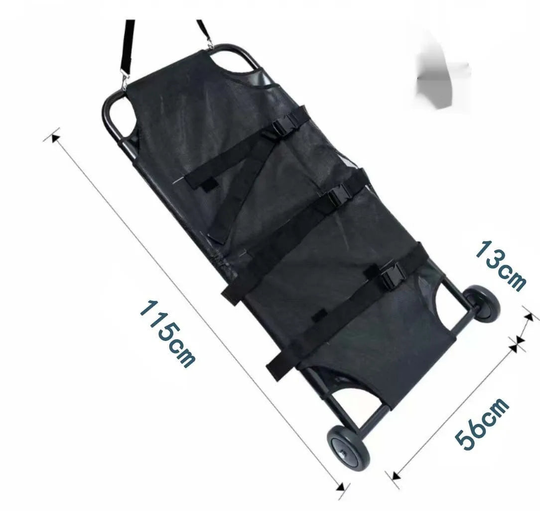 Large black aluminium alloy folding stretcher for emergency transport of dogs