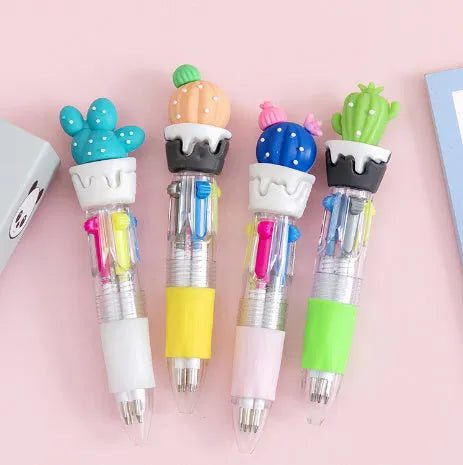 Four-colour press-action ballpoint pen with cartoon-themed refills and 0.7mm bullet tip