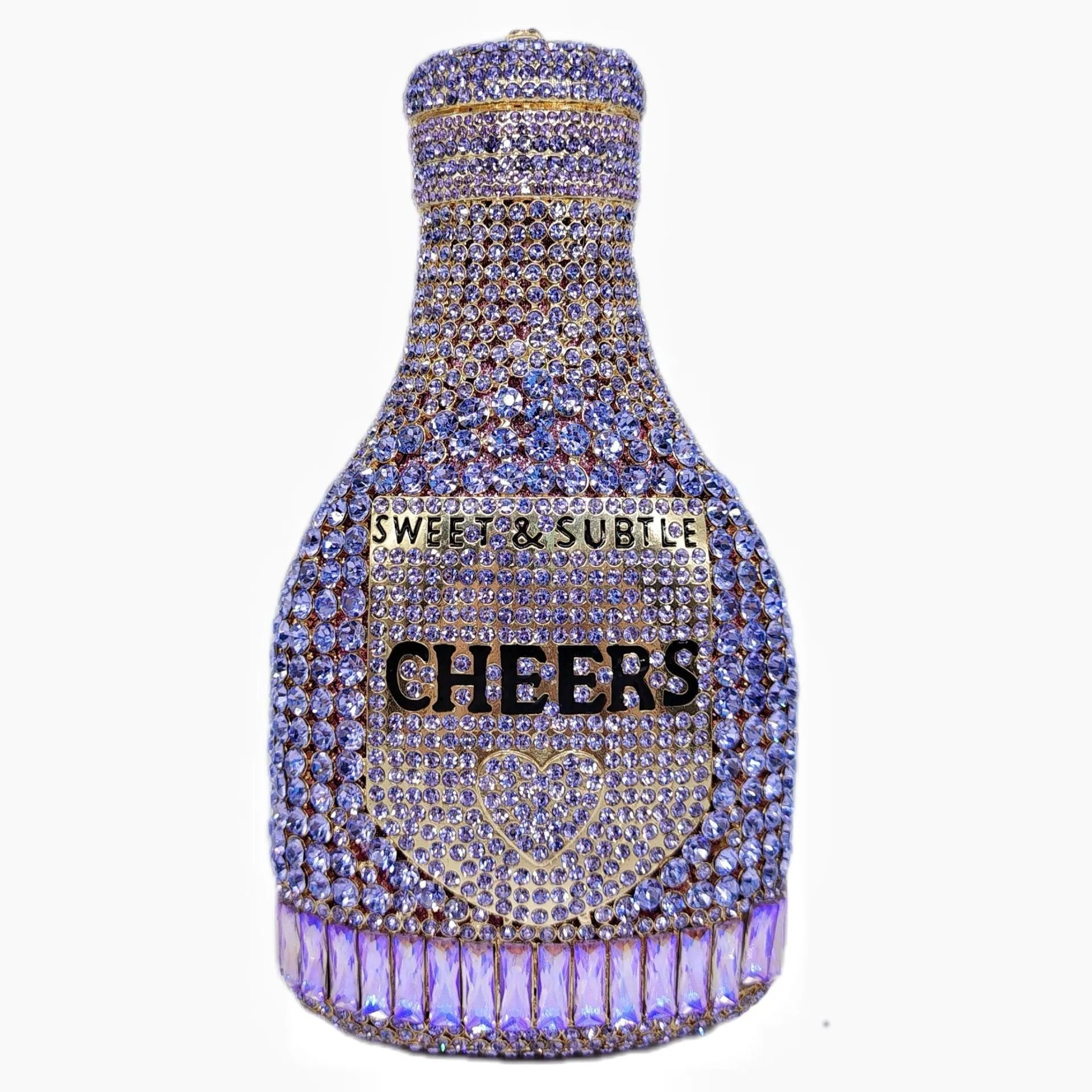 Gold rhinestone evening clutch bag shaped like a champagne bottle with a hard frame.
