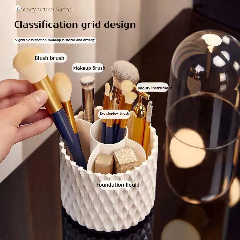 White rotating transparent acrylic makeup brush storage organiser with dustproof lid