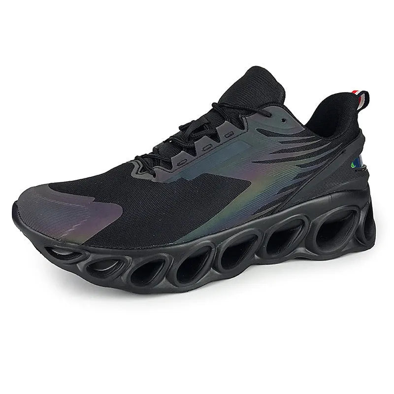 Men's casual breathable sports shoes in black with mesh upper, round toe, and front lace-up design
