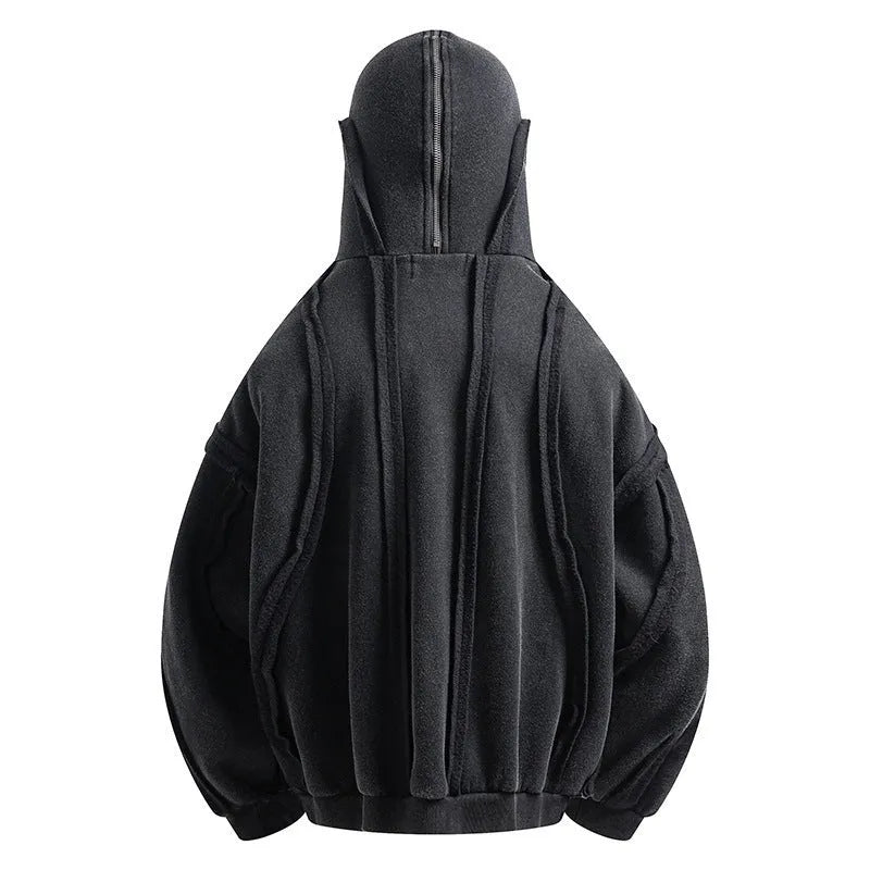 Black men's loose fit cotton padded hooded coat with zip front and abstract pattern