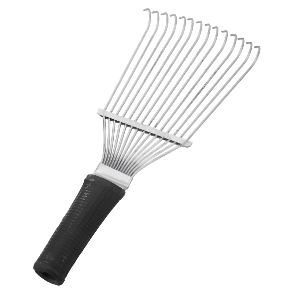 Black stainless steel pet and livestock dematting brush with metal comb teeth, 33cm long.