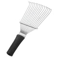 Black stainless steel pet and livestock dematting brush with metal comb teeth, 33cm long.