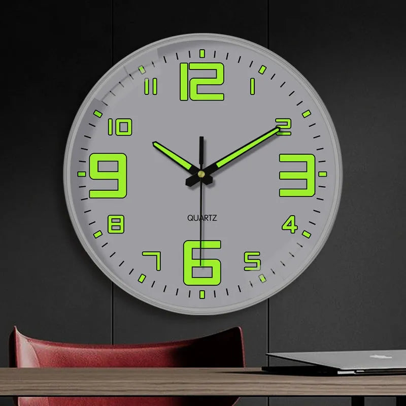 Modern 8 inch diameter luminous wall clock with silent movement on a wall.