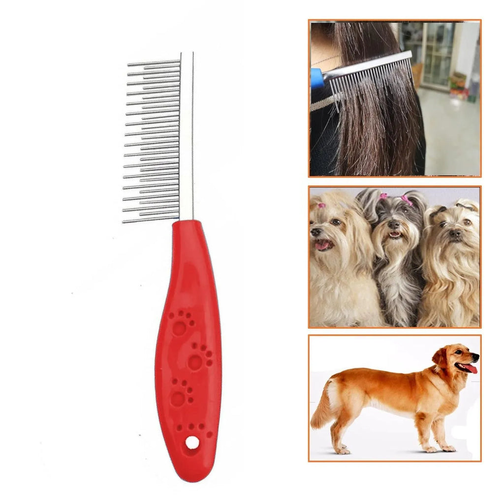 Red pet grooming comb with stainless steel short and long teeth and plastic handle