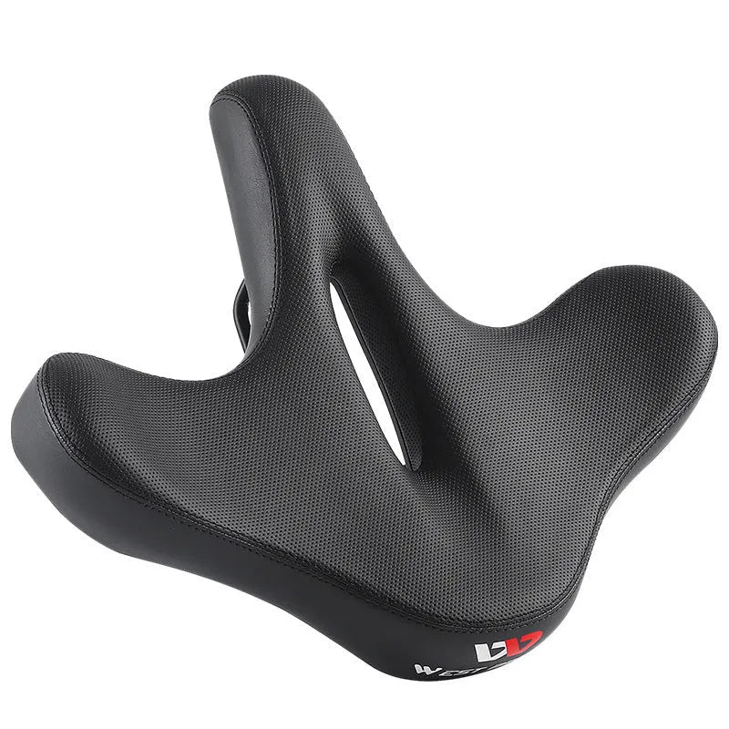 Black leather bicycle seat cushion with polyurethane foam padding for shock absorption