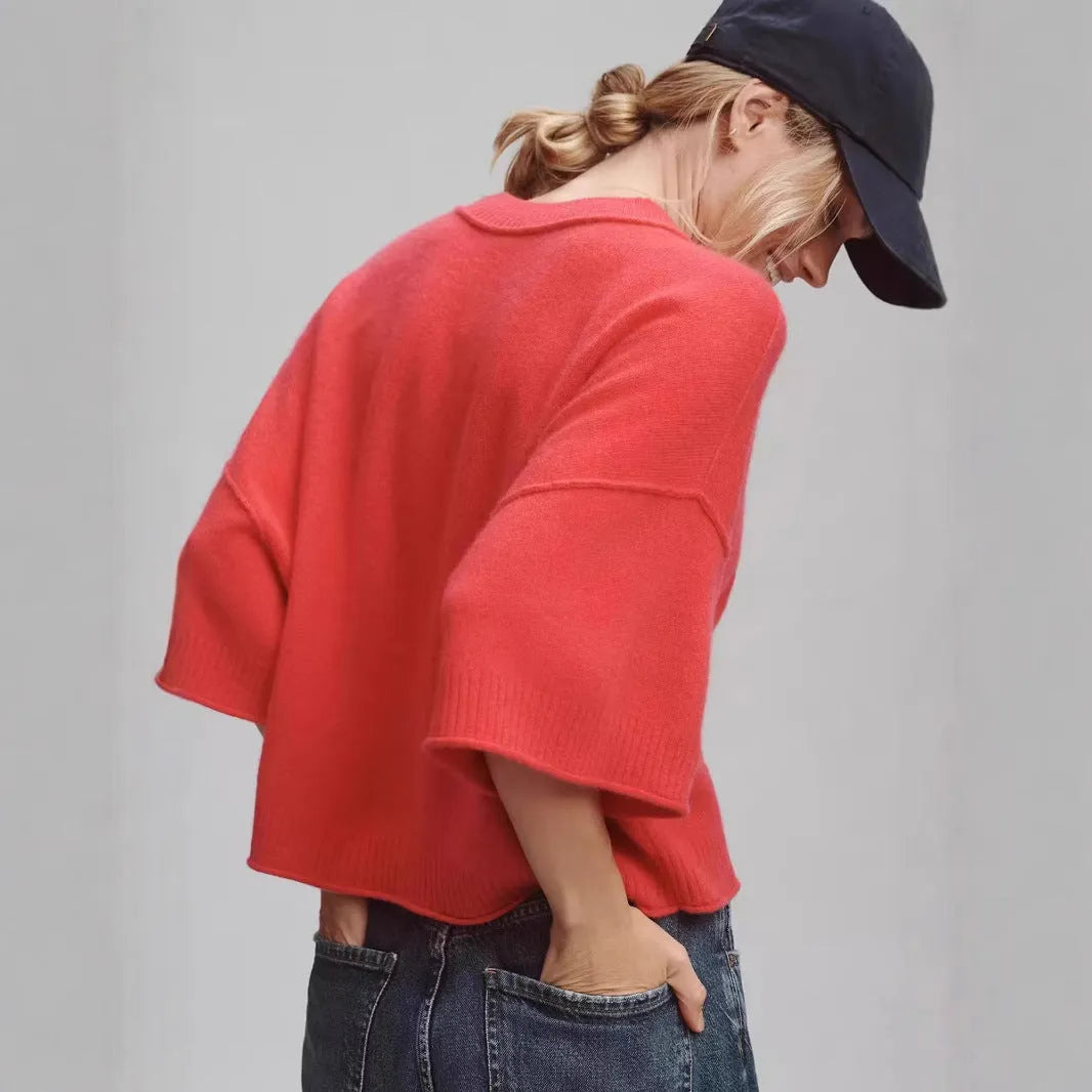 Women's red short t-shirt with V-neck and regular sleeves on white background