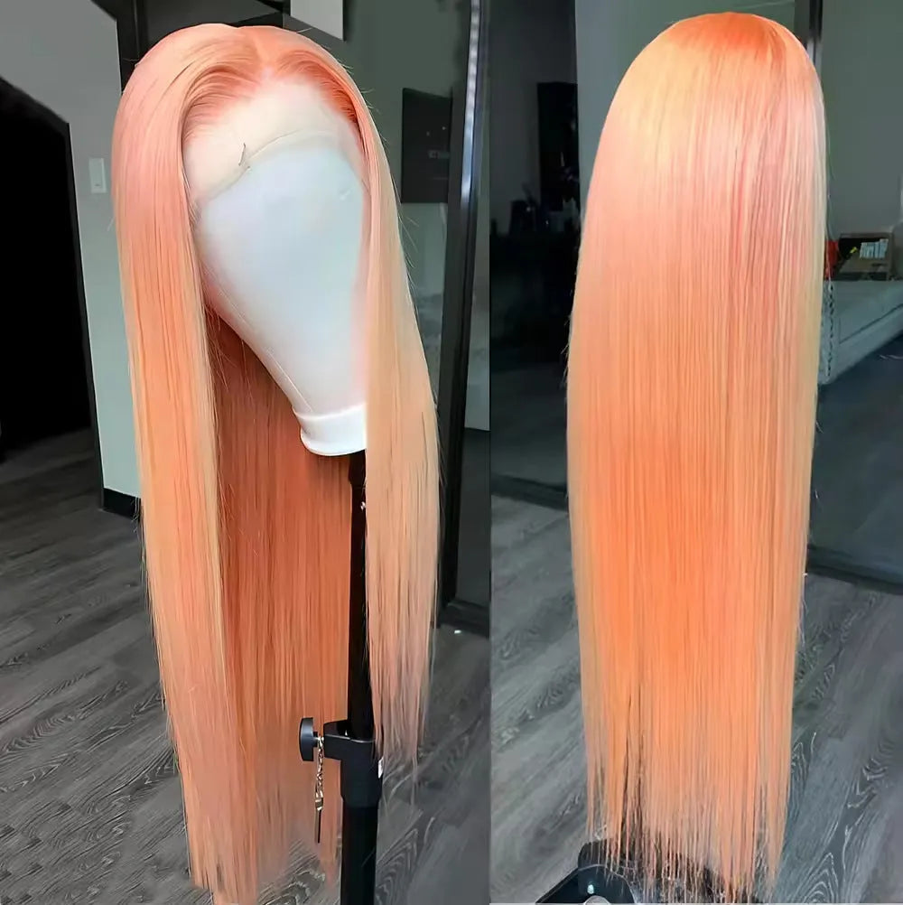 Light orange long straight front lace synthetic wig on display stand showing natural hairline