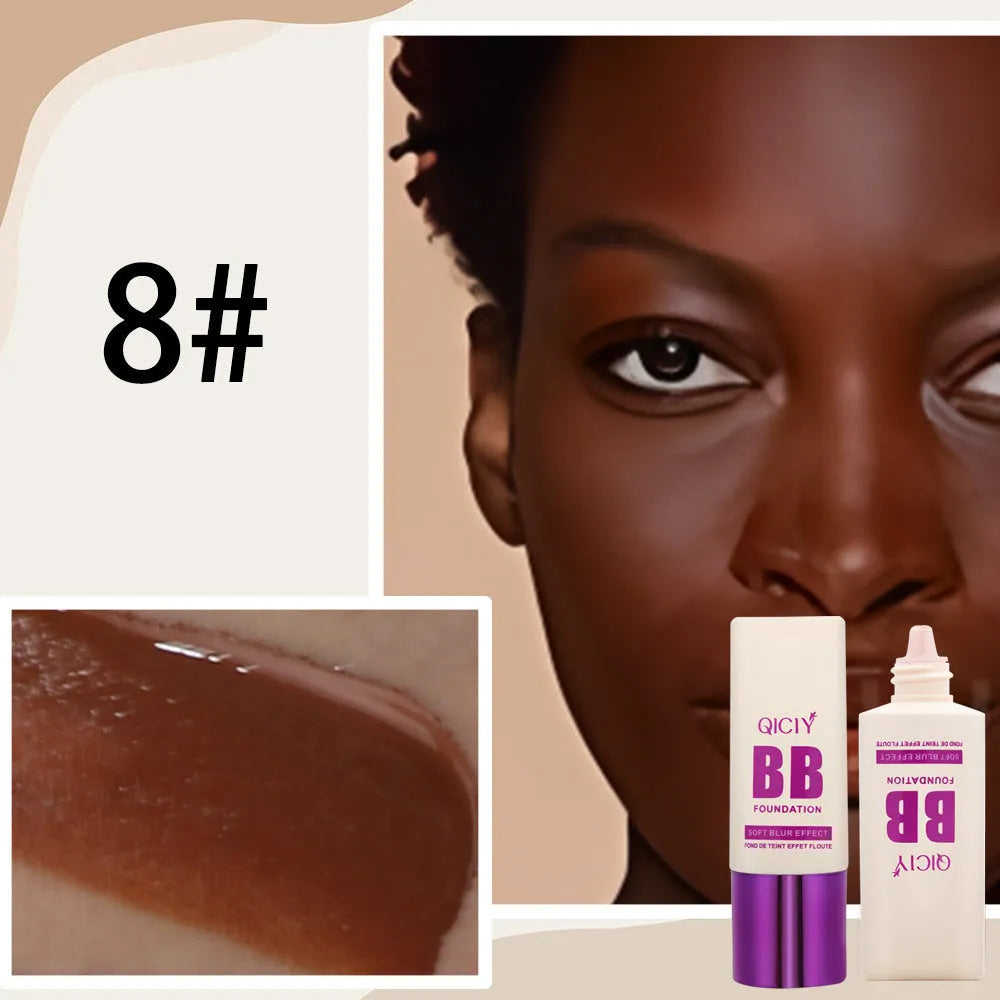 Feeding bottle of liquid foundation BB cream in one of ten available shades for brightening and concealing.
