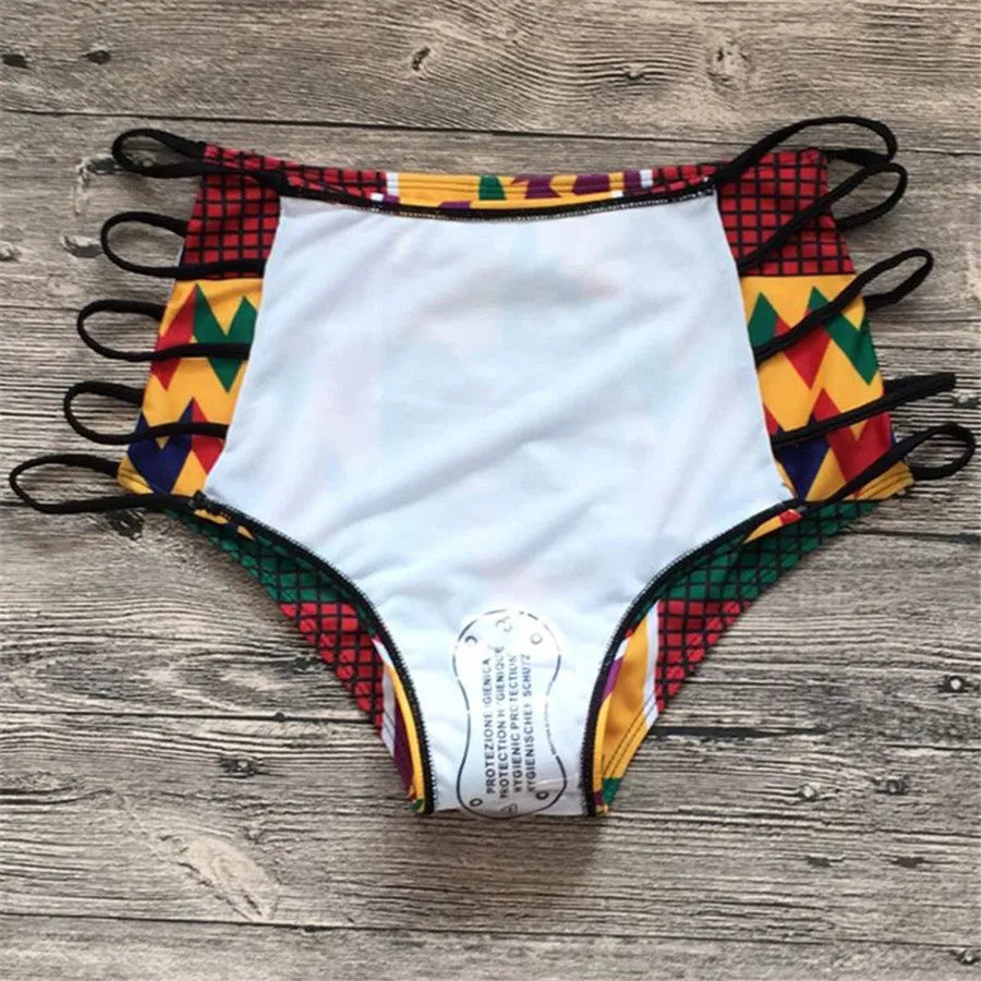 Women's high-waisted digital print bikini set with backless top and quick-drying fabric.